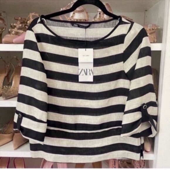 NWT Elegant ZARA STRIPED LINEN TOP Size XS - Picture 5 of 13